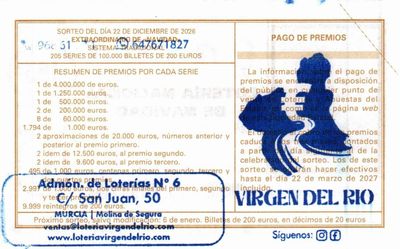 Reverso de un d&eacute;cimo de Navidad con el sello de una administraci&oacute;n de loter&iacute;as de Murcia